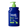 The front of a 16 fl oz bottle of DOUXO Puppy Ultra-safe Shampoo for dogs, featuring a dark blue bottle with a light green pump dispenser and green label accents.
