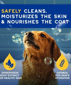 A picture of a dog in a bathtub, with a text banner highlighting this product Safely cleans, moisturizes the ski & nourishes the coat.