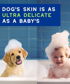 A picture of a puppy and a baby in a bathtub, with a text banner saying Dog's skin is as ultra delicate as a baby's.