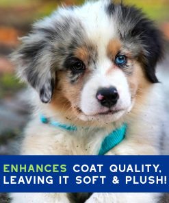 A close-up photo of a puppy, with a blue text banner at the bottom reading 'ENHANCES COAT QUALITY, LEAVING IT SOFT & PLUSH!'.